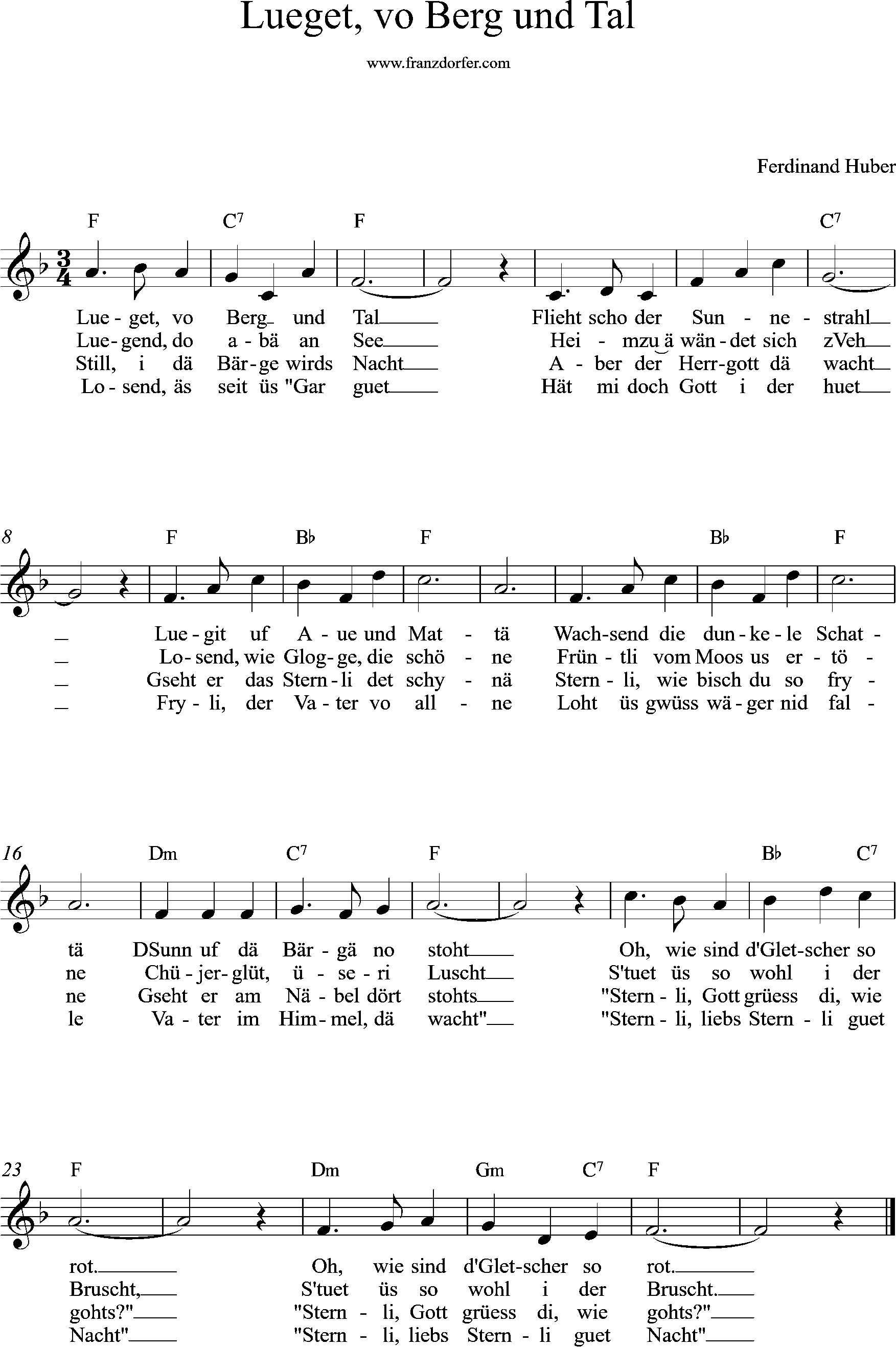 Noten leadsheet, lueget vo Berge, C-Dur